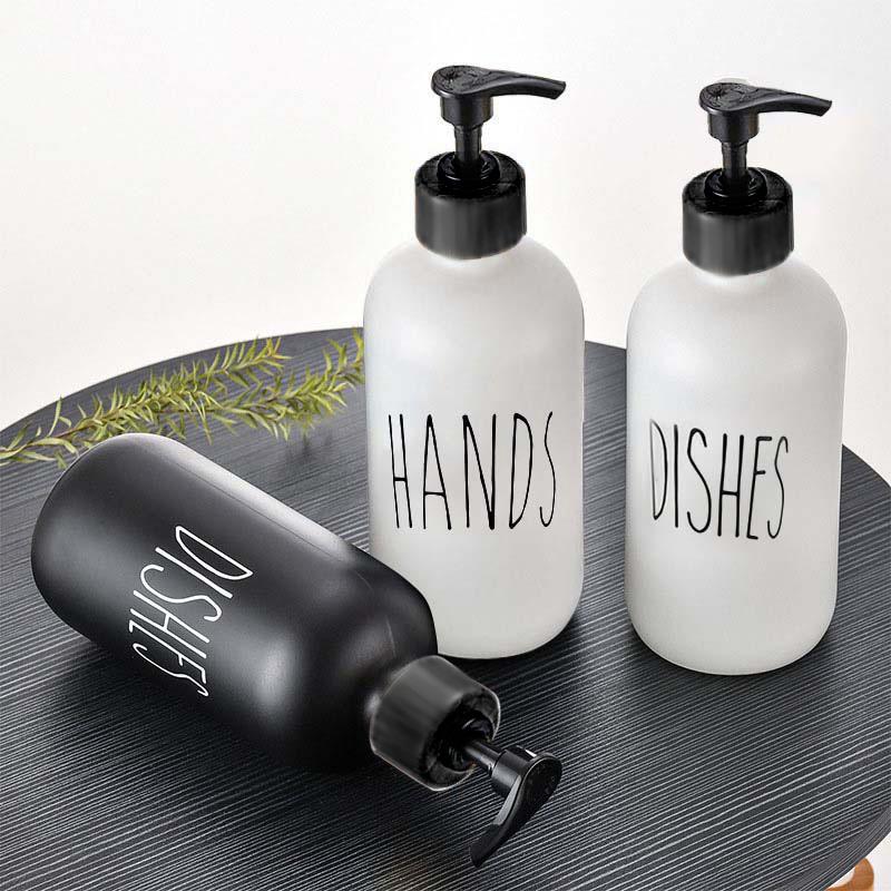 Juego de dispensador de jabón para platos de 500 ml para fregadero de cocina, jabón de manos, platos, detergente, botella de almacenamiento, botellas rellenables, color negro y blanco