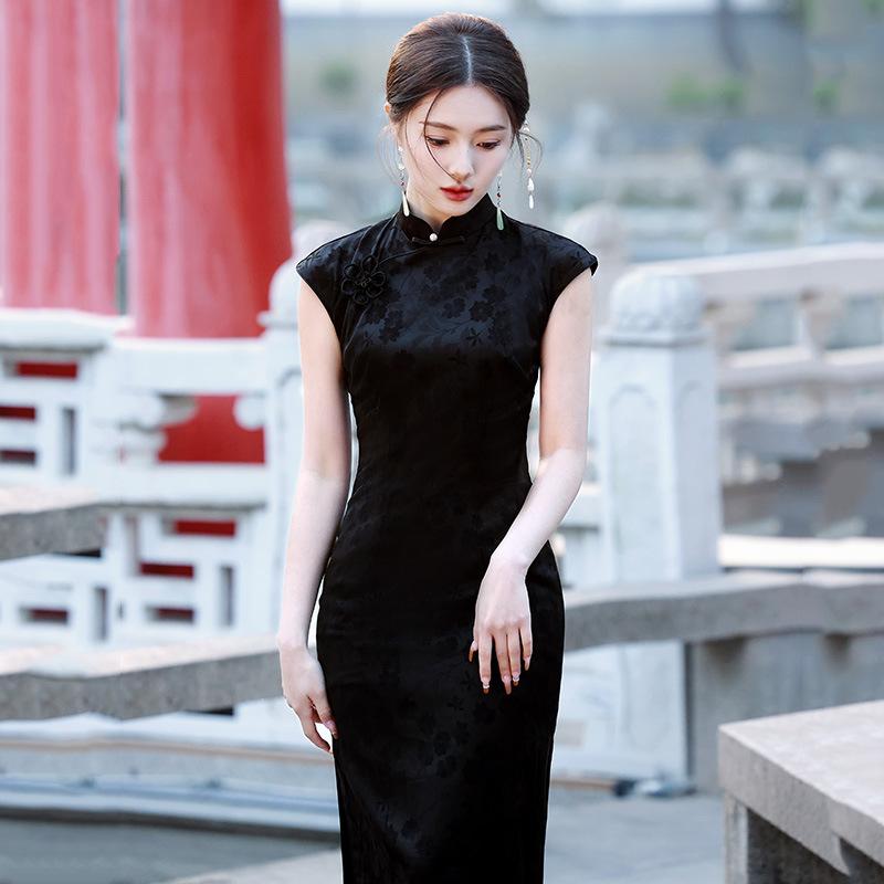 Black national style new Chinese sleeveless long cheongsam improved young women s high sense retro slim daily summer S
