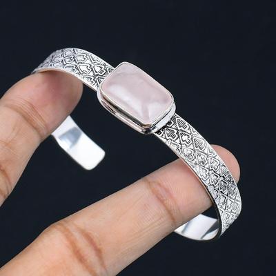 Natural Rose Quartz Gemstone 925 Sterling Silver Bangle Adjustable For Women