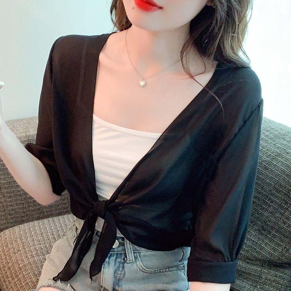 Women Thin Short Cardigan Summer Sun Protection Clothing New Half Sleeve Chiffon Shawl