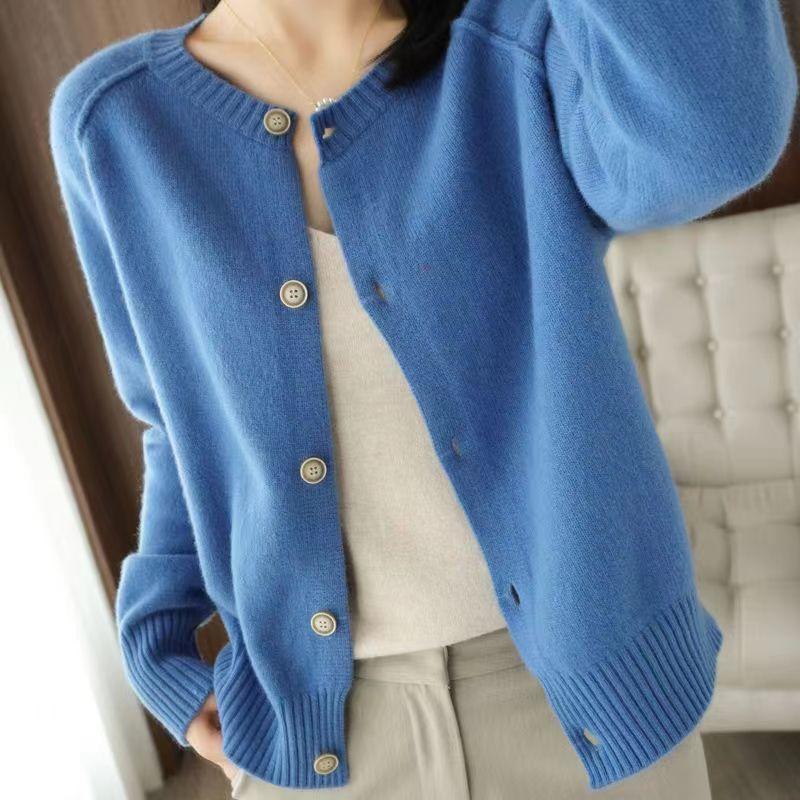 Round Neck Knitted Cardigan Women's Loose Sweater Jacket Short Style Solid Color Casual Long Sleeved Sweater Jacket Autumn