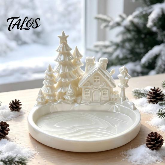 Christmas Jewelry Tray Winter Village Tray, 3D Printed Snow House Pine Tree Decorative Dish, Wonderland Desk Decor Mini Desktop Organizer for Key Ring