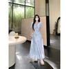 French blue smudge first love dress, summer new waist and thin temperament bubble lotus leaf plaid long skirt