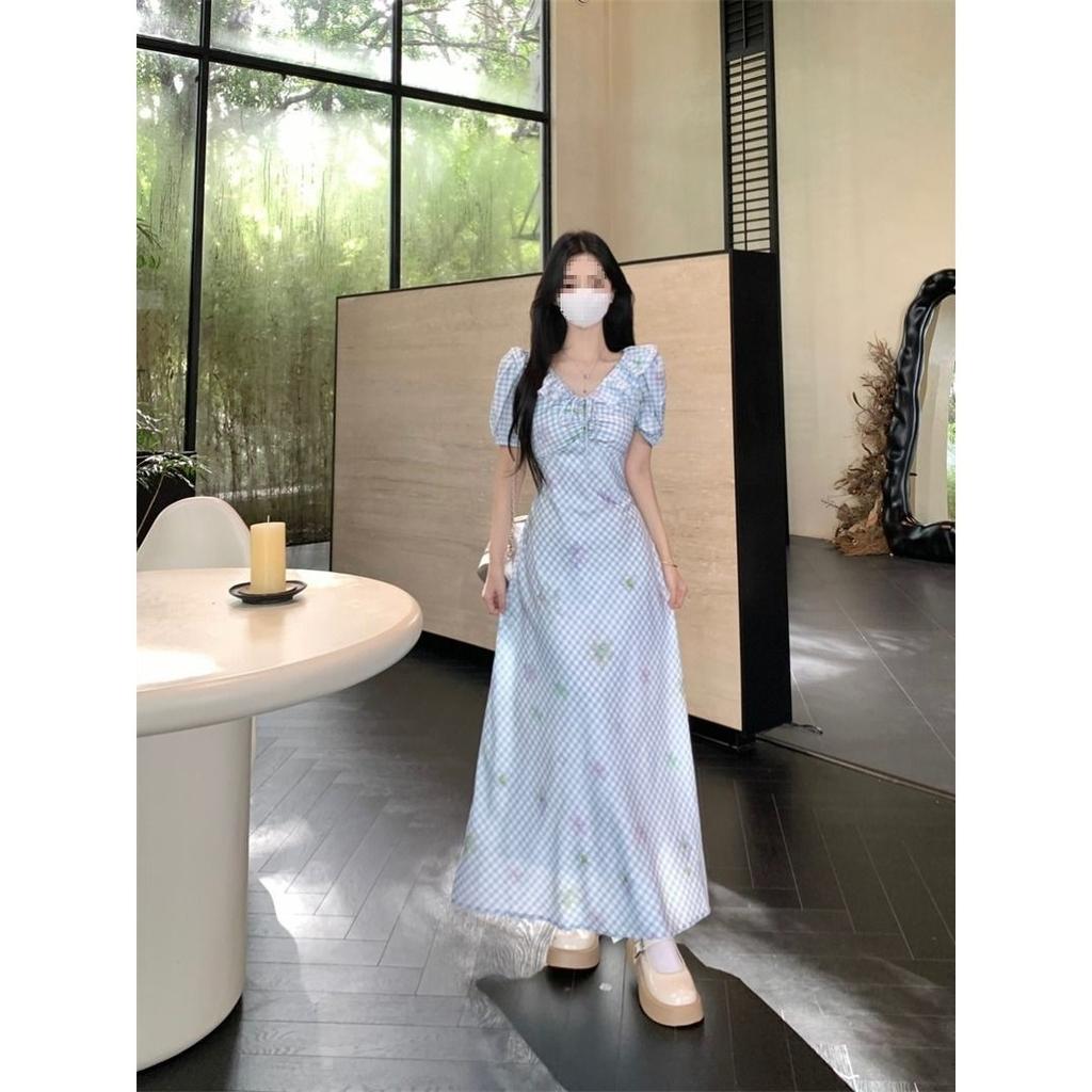 French blue smudge first love dress, summer new waist and thin temperament bubble lotus leaf plaid long skirt