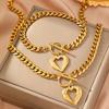 Stainless Steel 18K Gold Plated Heart Pendant Necklace Bracelet Set Women Hip Hop OT Buckle Cuban Clavicle Chain Jewelry