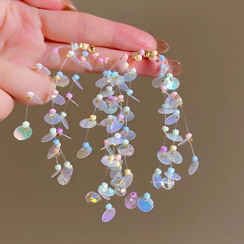 Dopamine sequined glass beads, rice beads, fringed earrings, seaside photo atmosphere earrings, high-end earrings.