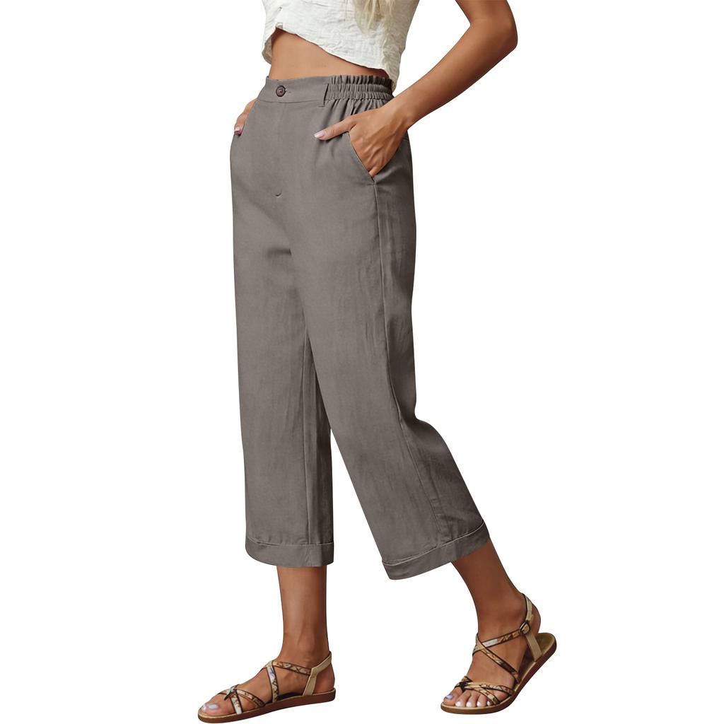 Women’s Wide Leg Cropped Pants High Waist Linen Blend Trousers with Side Pockets Relaxed Fit for Everyday Wear