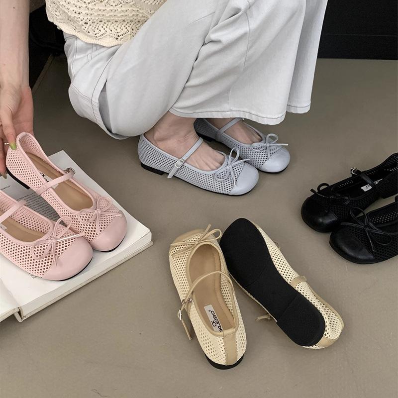 Flat-bottomed mesh single shoes women's gentle French new 2025 summer Mary Jane evening breathable bow sandals mesh shoes