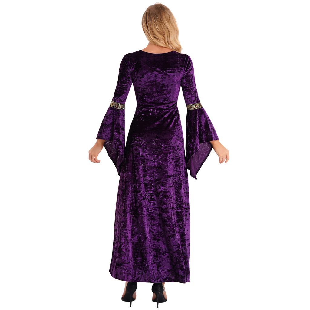 Robe Vintage rétro médiévale pour femmes, manches évasées, à lacets, Costume de sorcière Cosplay d'halloween