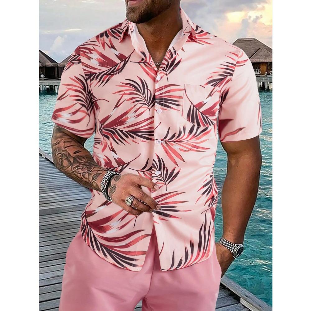 Hawaiian palm tree 3D printed men's shirt, casual and fashionable short sleeved shirt, lapel button top large unisex clothing
