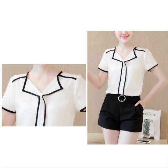 Damen-Bluse mit V-Ausschnitt und kurzen Ärmeln, Farbblock-Rand, Chiffon-T-Shirt-Oberteil