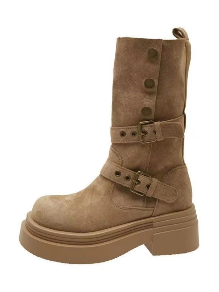 British Women's  New Spring and Autumn Single Boots Retro Two In One Mid Length Boots Thick Soled Black Short Boots