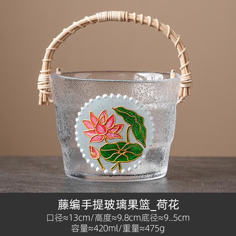 

Стеклянный поднос для фруктов, нарисованный вручную, для украшения гостиной, плетеная корзина из ротанга, ведро для хранения продуктов, сервировочное блюдо для закусок