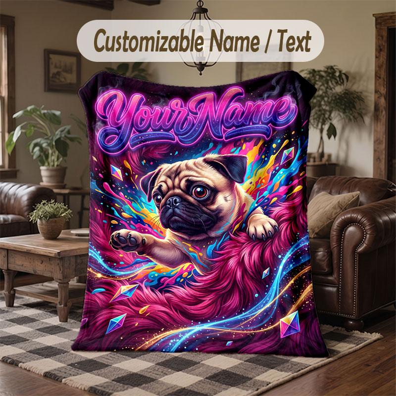 Pug Theme Throw Blanket Custom Name Text Personalized Blanket Soft Cozy Blanket for Home Sofa Bed