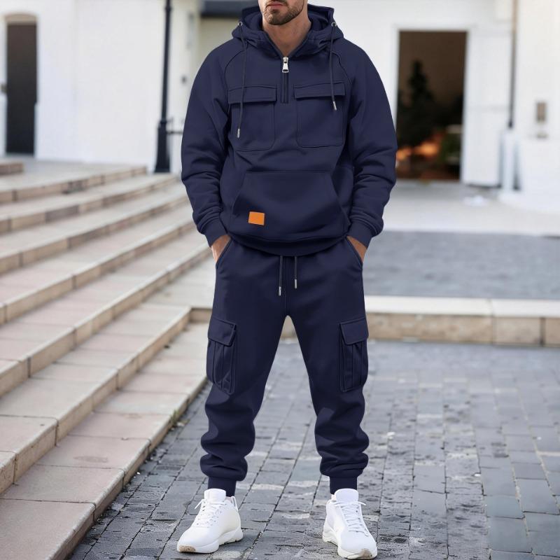 Herren Freizeit Zweiteiliger Trainingsanzug Halber Reißverschluss Hoodie und Cargo Jogginghose Set
