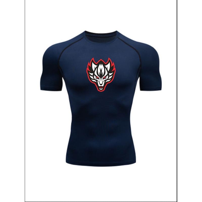 Men'S Grey Red-Edged Wolf Head Print Compression T-Shirt, Quick Dry Short Sleeve Gym Workout Tee, Muscle Fit Athletic Training Top for Men