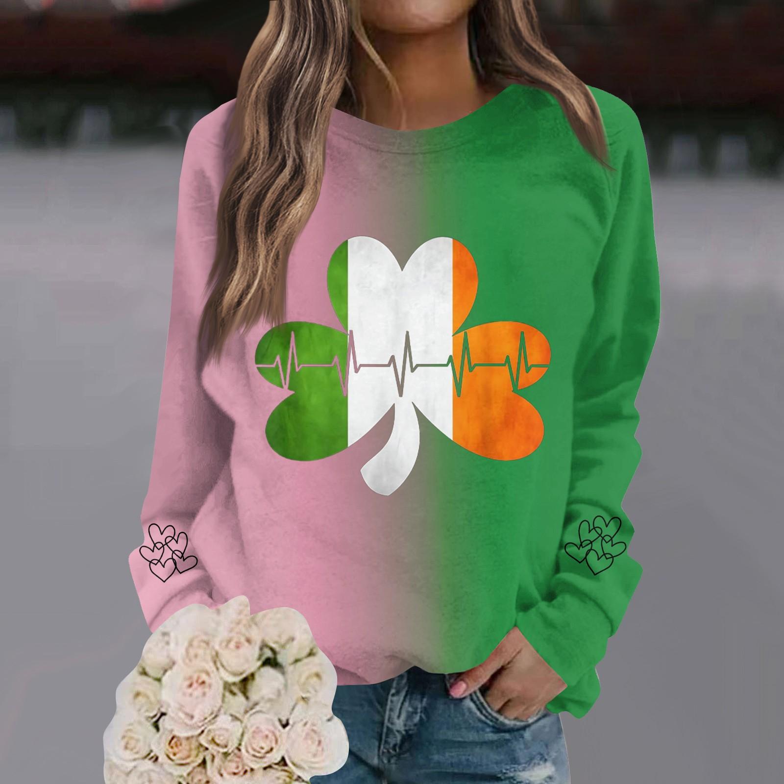 

Женская мода повседневная с круглым вырезом свободный длинный рукав St. Свитшот с градиентным принтом ко Дню Святого Патрика XXXXXL белый