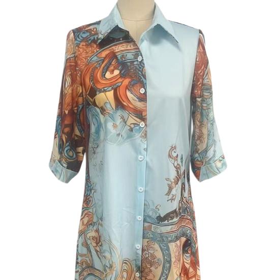 Women's Boho Printed Shirt 46085 Sleeve Maxi Dress Button