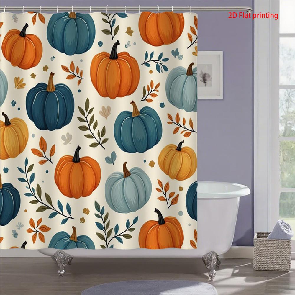 1Pc Blue And Orange Autumn Pumpkin Pattern Shower Curtain, Polyester Fabric With Hooks, Suitable For Bathroom Decoration