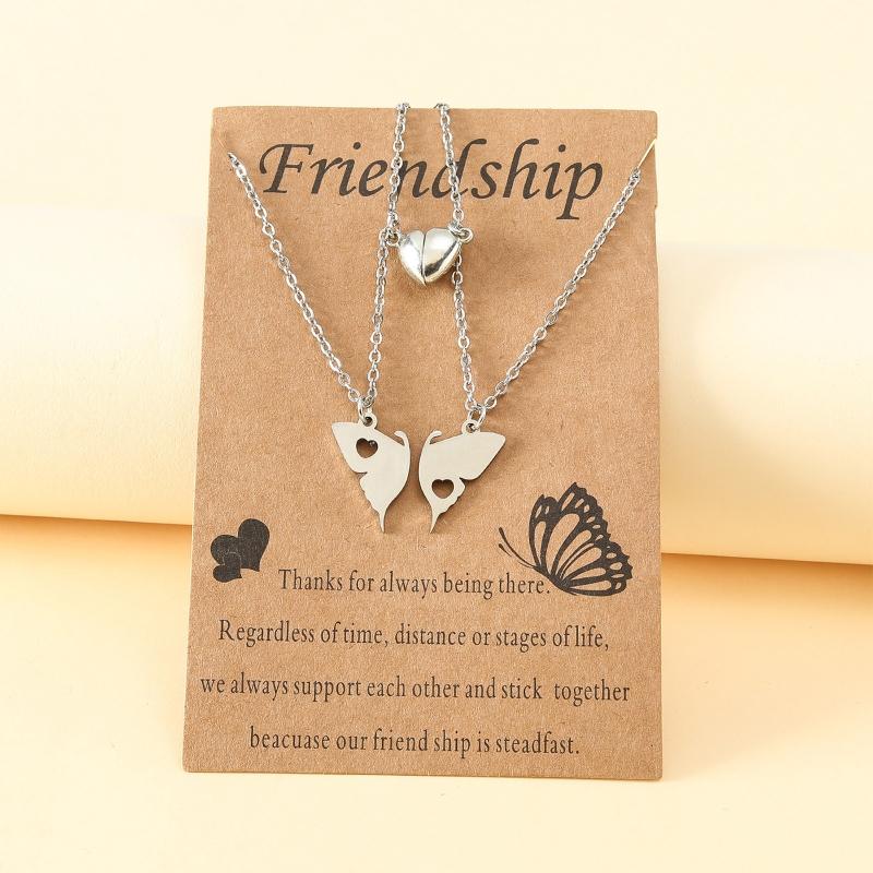 2Pcs Stainless Steel for Butterfly Pendant Necklace European American Personality Friendship Card Heart-shaped Necklace