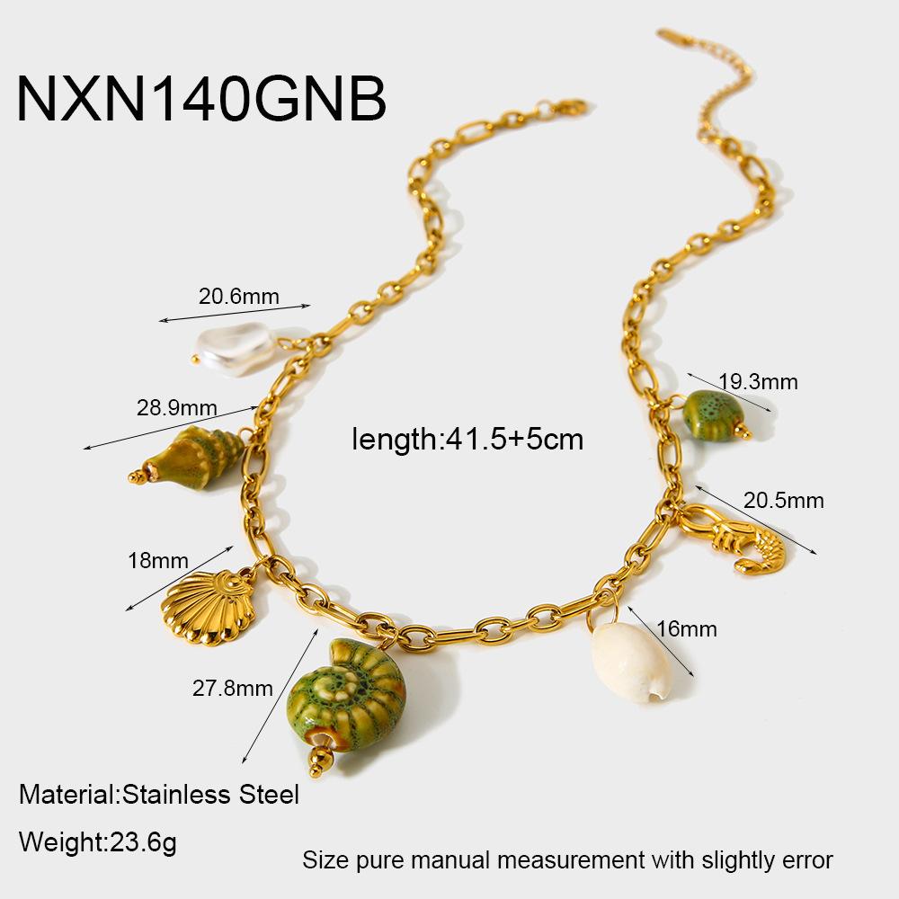 Ocean vacation style ceramic conch seahorse shell DIY pendant necklace plated 18K gold stainless steel jewelry women
