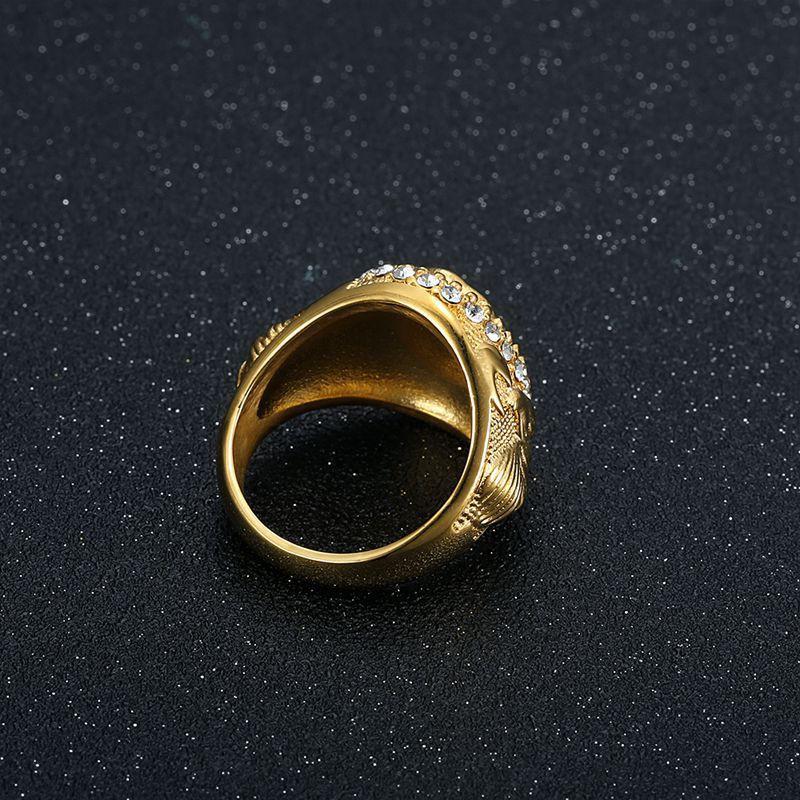 Mens Titanium Steel Eagle Ring With Gold Plating Rhinestones Hip Hop Style Adjustable Size