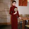 Womens Long Sleeve Knit Velvet-Lined Cheongsam Dress Winter Warm Retro Style Modest Elegant Outfit Holiday