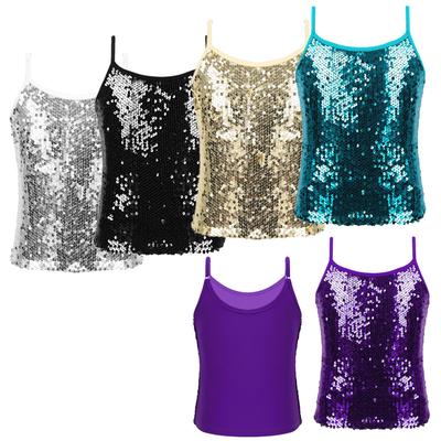 Kids Girls Shiny Sequins Camisole Tank Top for Jazz Modern Dance Competition Spaghetti Straps Vest