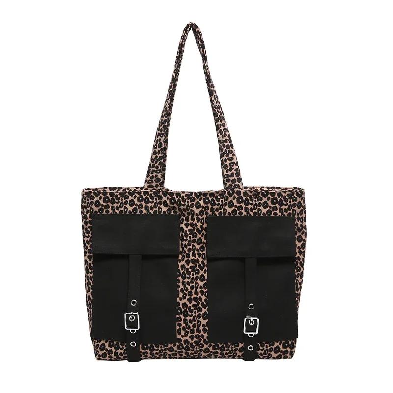 

Вместительные сумки через плечо в стиле леопард для поездок на работу, тканевые, с сочетанием цветов, повседневные новые сумки-тоут для женщин на осень и зиму