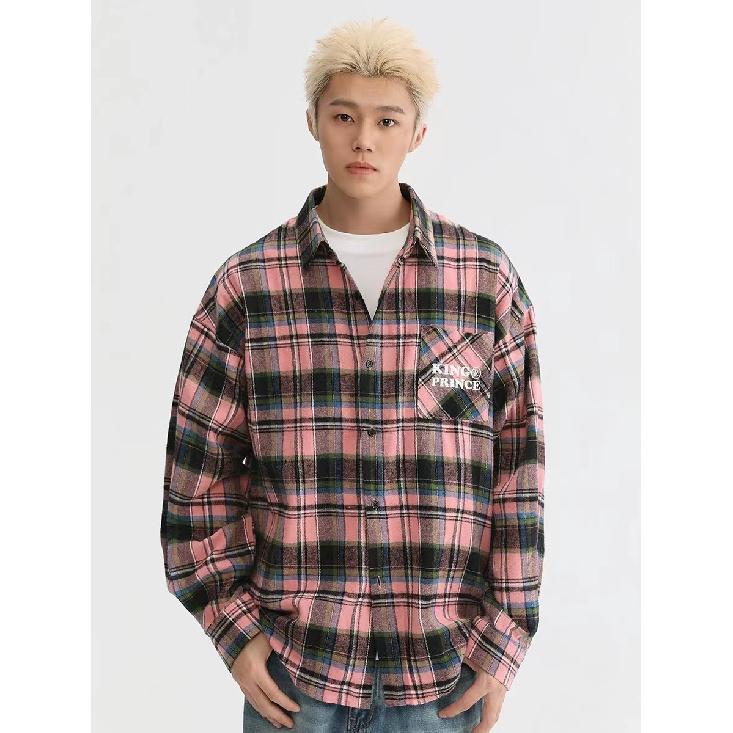 Early Spring American Retro Black Pink Plaid Shirt Coat Female Spring and Autumn Male Potato Starch Plaid Long Sleeve Shirt Male Pink Grid