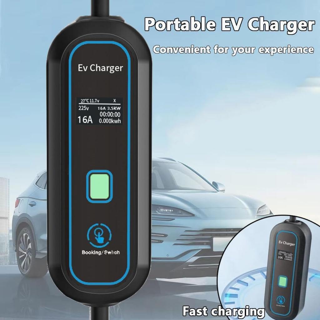 3.5KW 16A Portable EV Charger, Electric Vehicle Charger, Fast Charging Home Station Wallbox, LED Display, Adjustable Current, 5m Cable