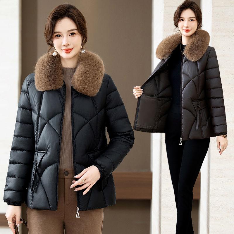 Women'S Jacket with Faux Fur Collar - Quilted Polyester Coat, Long Sleeve,Solid Color, Short Length - Casual Winter Outerwear