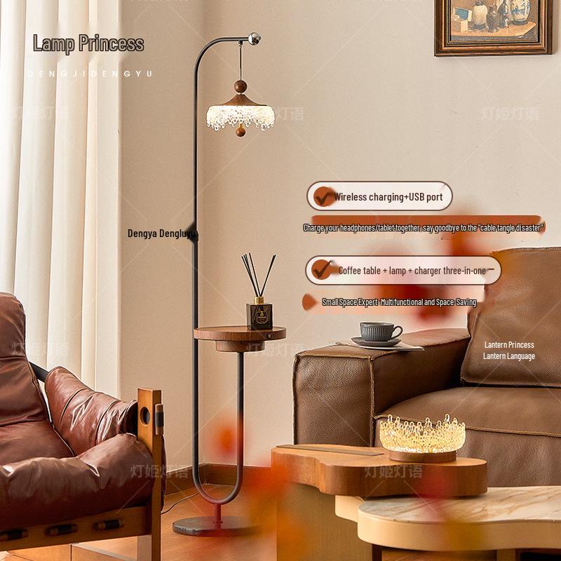 High-End Walnut Teardrop Floor Lamp with Side Table and Storage Rack