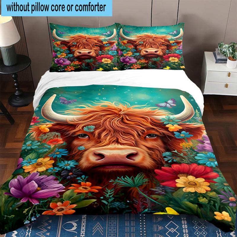 Cow In Flower Field 3pcs Bedding,Including 1pc Duvet Cover And 2pcs Pillowcases Perfect for Christmas,Ideal for Bedroom, Dormitory