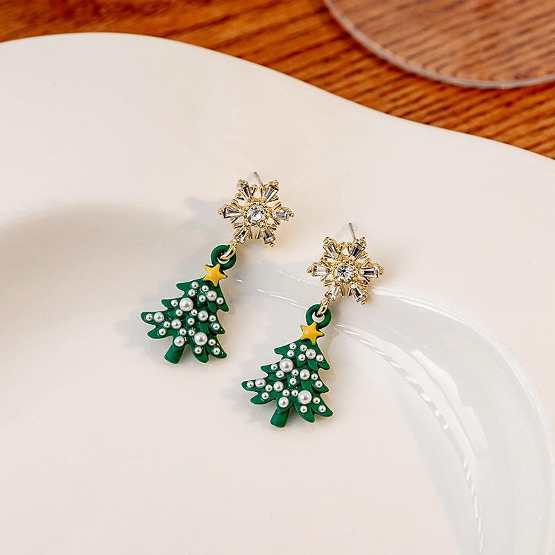 Silver Needle Christmas Snowman & Tree Asymmetrical Snowflake Earrings