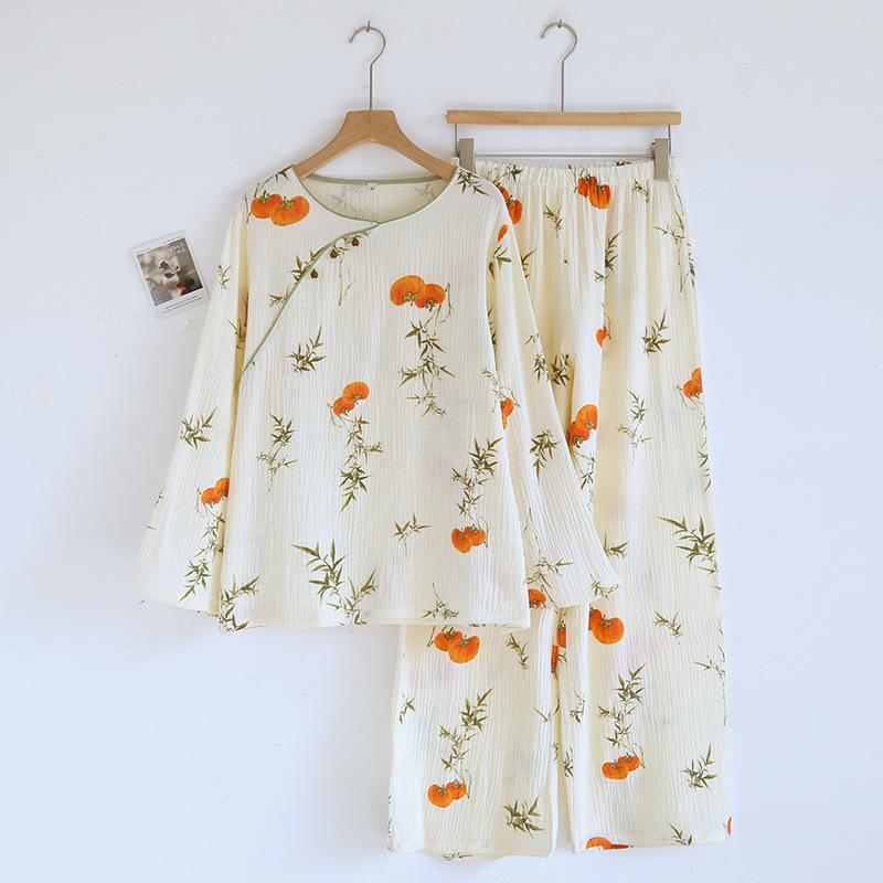 2026 New Spring/Summer Women's Pajama Set 100% Cotton Round Neck Chinese Long Sleeve Pants Home Clothes Sleepwear Ladies