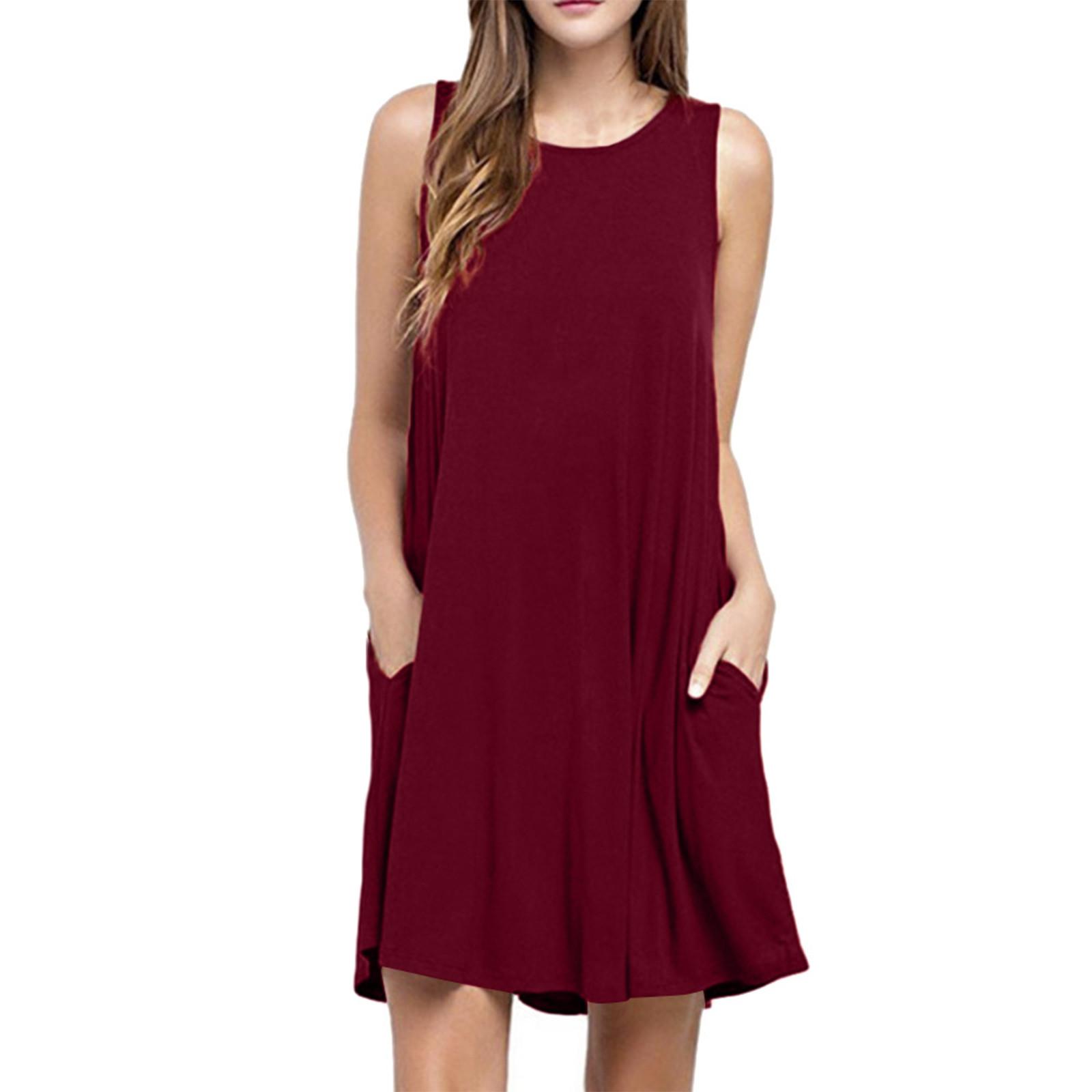 

(SU)Женское модное летнее однотонное платье с круглым вырезом и большим подолом