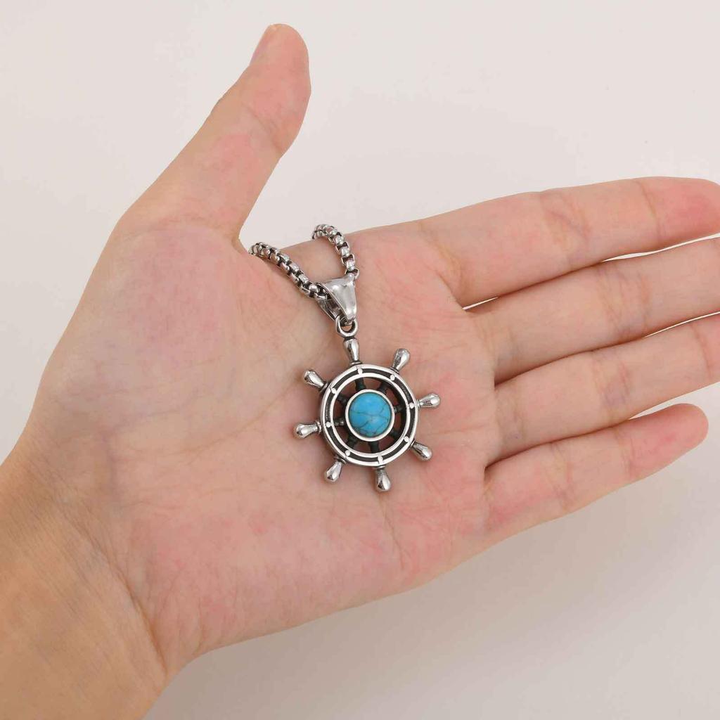 Vnox Rudder Turquoise Pendant Necklace for Men, Silver Color Stainless Steel Natural Stone Metal Necklaces, Trendy Jewelry Gifts