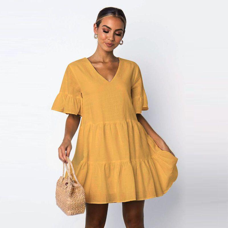 Elegant Women V-neck Plain Smock Dress With Loose Fit And Short Sleeve Design