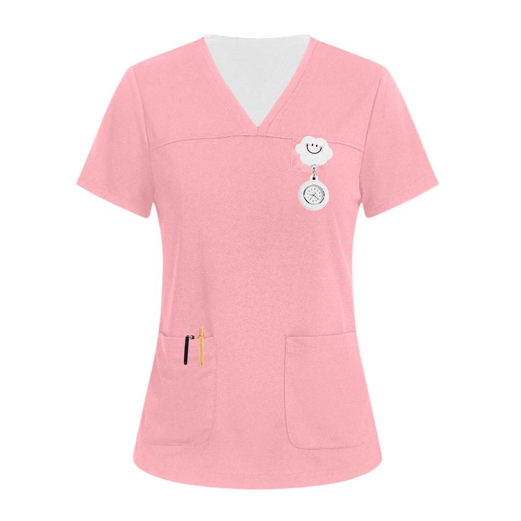 Damen V-Ausschnitt Drei-Taschen Kurzarm Uniform/Pflegekraft Oberteil Mit Schlitzen Am Saum