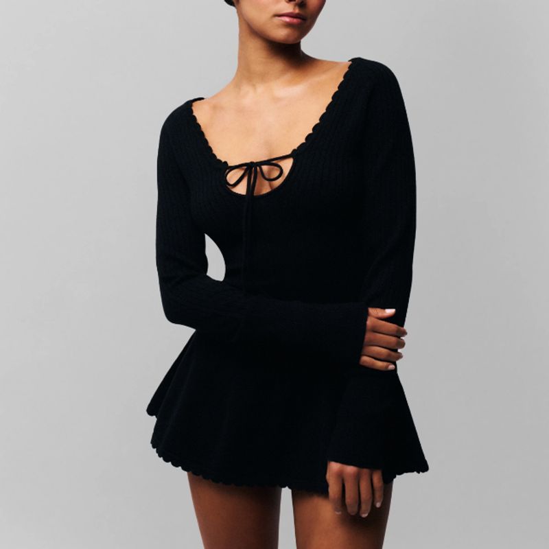 Zbzr Autumn New Women Clothes French Style Wavy Edge Chest Lace-up Slim Fit Sheath Long Sleeve Solid