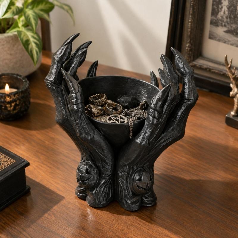 Dark Small-Item Dish with Sculpted Devil Hand Hands, Open Storage Bowl for Jewelry, Keys and Earbuds, Black Desk or Dresser Display Piece