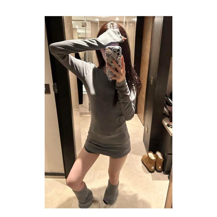 

Design-Sense Women s Slim-Fit Long-Sleeve Top - 2025 Autumn/Winter Minimalist Cloud Velvet Large серый