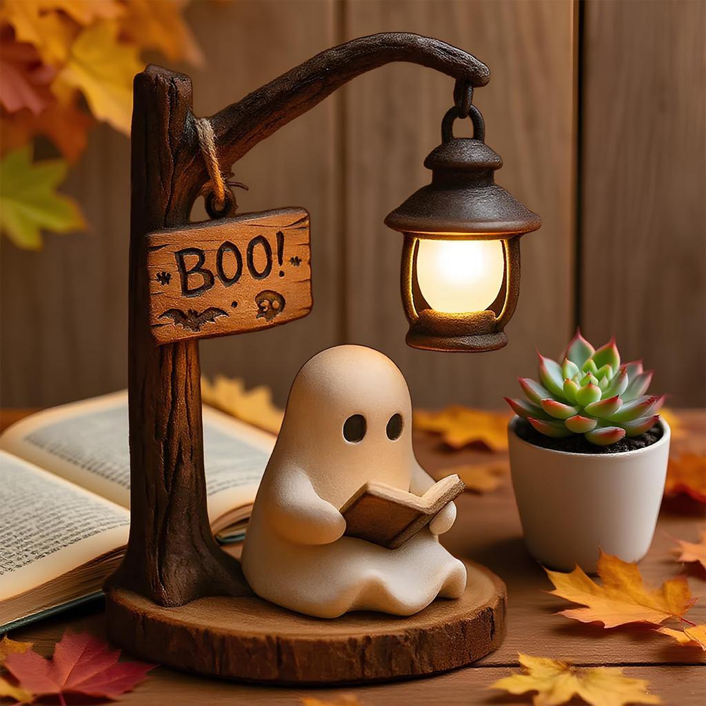 Cute Ghost Reading Lantern Resin Ghost Reading Book Lamp Halloween Ghost Night Light Ghost Halloween Decor