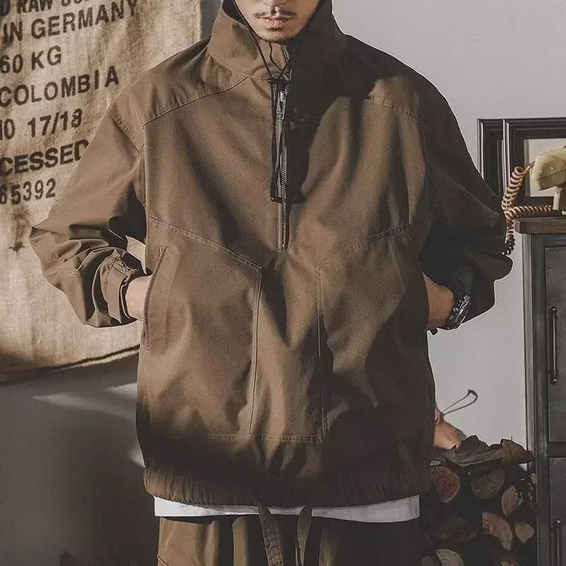 Men's Retro Half-Zip Workwear Jacket - Spring & Autumn, Stand Collar, Loose Fit, Plus Velvet for Winter.