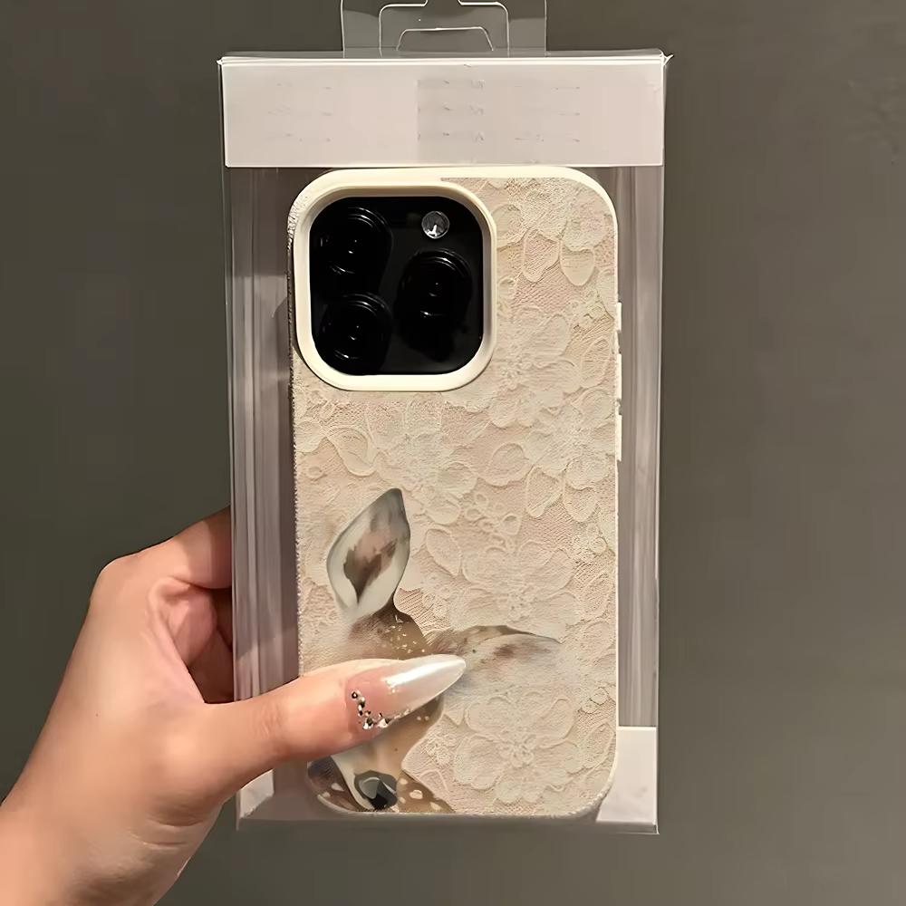 Lace Texture Deer Pattern Phone Case For iPhone 17 Pro Max 16 Plus 15 Pro 14 13 12 11 XR 17Air Lychee Textur Soft Cover