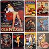 Pin-up Girls Gas Oil Station Motorcycle Full Service Greased Route 66 Auto Repair Metal Tin Signs Rural Vintage Garage Pub Ba
