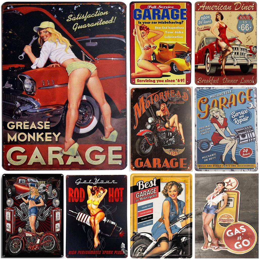 Pin-up Girls Gas Oil Station Motorcycle Full Service Greased Route 66 Auto Repair Metal Tin Signs Rural Vintage Garage Pub Ba