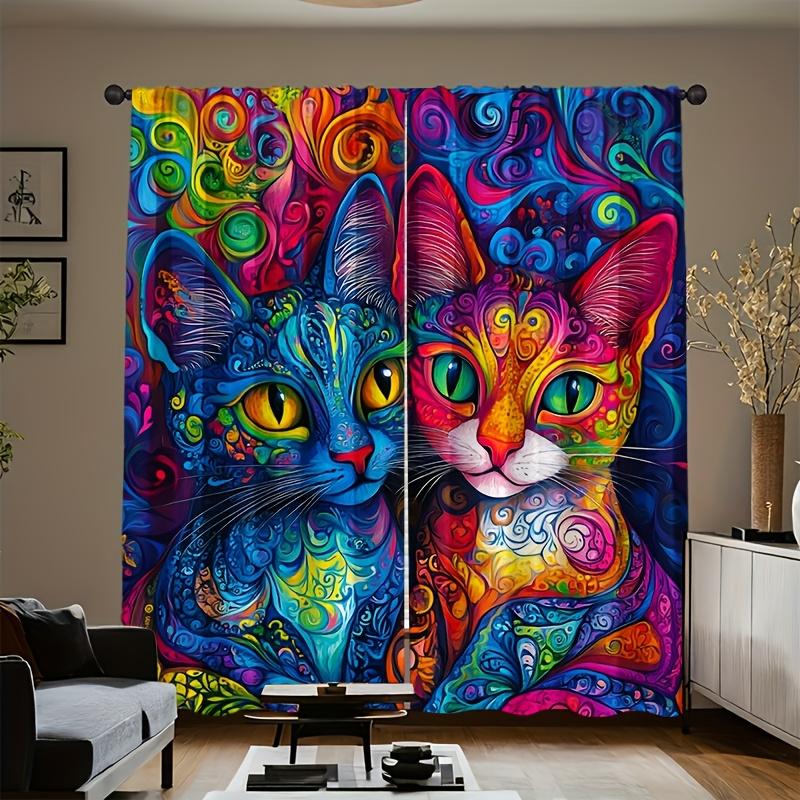 2pcs curtains with blue and colorful cat patterns, made of high-quality fabric with delicate touch, luxurious and beautiful