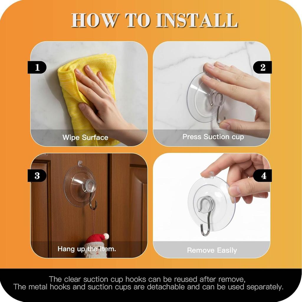 Suction Cup Hooks 12Pcs, 1.77Inch Clear Medium No Trace Suction Cups Removable with Stainless Steel Hook, for Tile, Glass, Window, Shower, Kitchen,